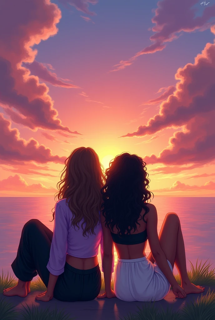 Two girls,sitting next to each other,one has her head lying down and resting on the other girl&#39;s shoulder,they're on their backs, you can&#39;t see their faces, in the sky at dusk that has a gradient from pink to orange and yellow with clouds that appear to be purple, one of them has long wavy brown hair, and wears a long-sleeved lilac blouse,tight fitting to her body and loose black pants,the other is BLACK and has DARK SKIN,WITH LONG CURLY HAIR,WEARING A WHITE MICRO SKIRT,COM UM CROPPED PRETO,they're on their backs, IMPOSSIBLE TO SEE THEIR FACES,THEY ARE LOOKING AT THE VIEW,SITTING WITH LEGS TOGETHER IN FRONT,YOU CAN ONLY SEE THEIR BACKS 