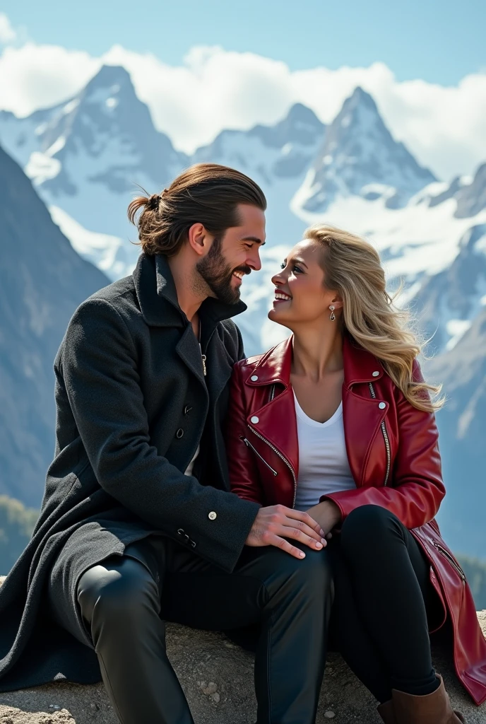 Colin O'Donoghue as Killian Jones and Jennifer Morrisson as Emma Swan sit on top of a mountain in swizerland. She wears black trousers, a white tshirt and a red leather jacket and he wears his typical pirate coat. They are laughing and have fun. The sun shines and there is a small breeze in the air. Draw it fullbody, hyperrealistic with a slight touch of magic. 