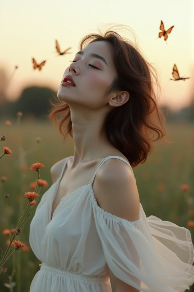 At dusk, a woman, front view, eyes closed, head tilted back, expression of enjoyment, slightly curly hair blown by the wind, shot from the chest up, wearing a white silk dress, translucent layers, pleated tulle, the dress fluttering in the wind, simple blurred background, orange-red star-like flowers, butterflies flying, Hasselblad H6D-400c and 90mm lens, cinematic lighting effects, warm colors, natural light, real texture, exquisite details, depth of field, blurred foreground, blurred background, minimalism, ethereal picture, 32K ultra-high definition, super resolution, shot by Youssef Kash