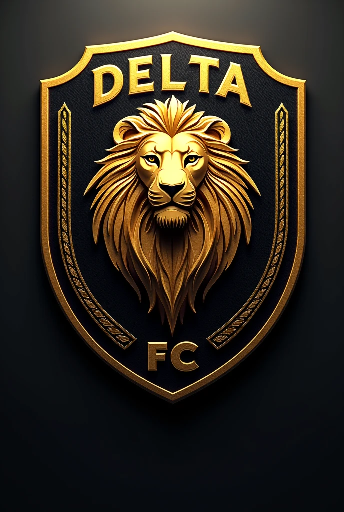 FOOTBALL SHIELD OF A TEAM CALLED DELTA FC, whose main mascot is a lion and its colors are black and gold.
Let the name be on the shield and be round