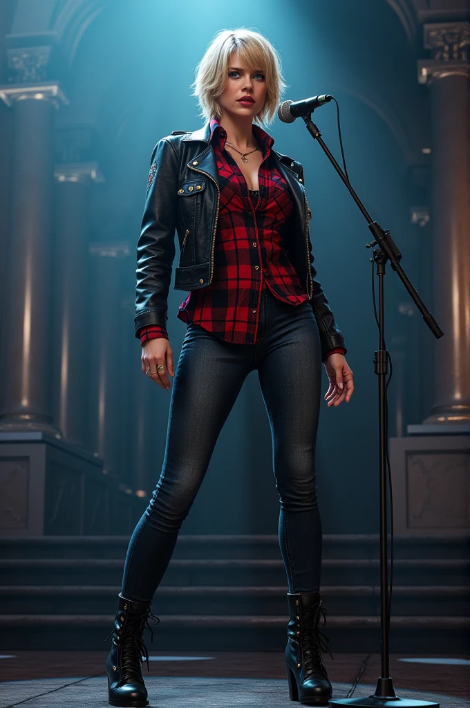 Create the image of a blonde woman with short, shoulder-length hair, blue-eyed, wearing a red and black plaid shirt and a leather jacket over his shoulders, a very tight pair of jeans, second a microphone standing on a bar stand, Royal style.