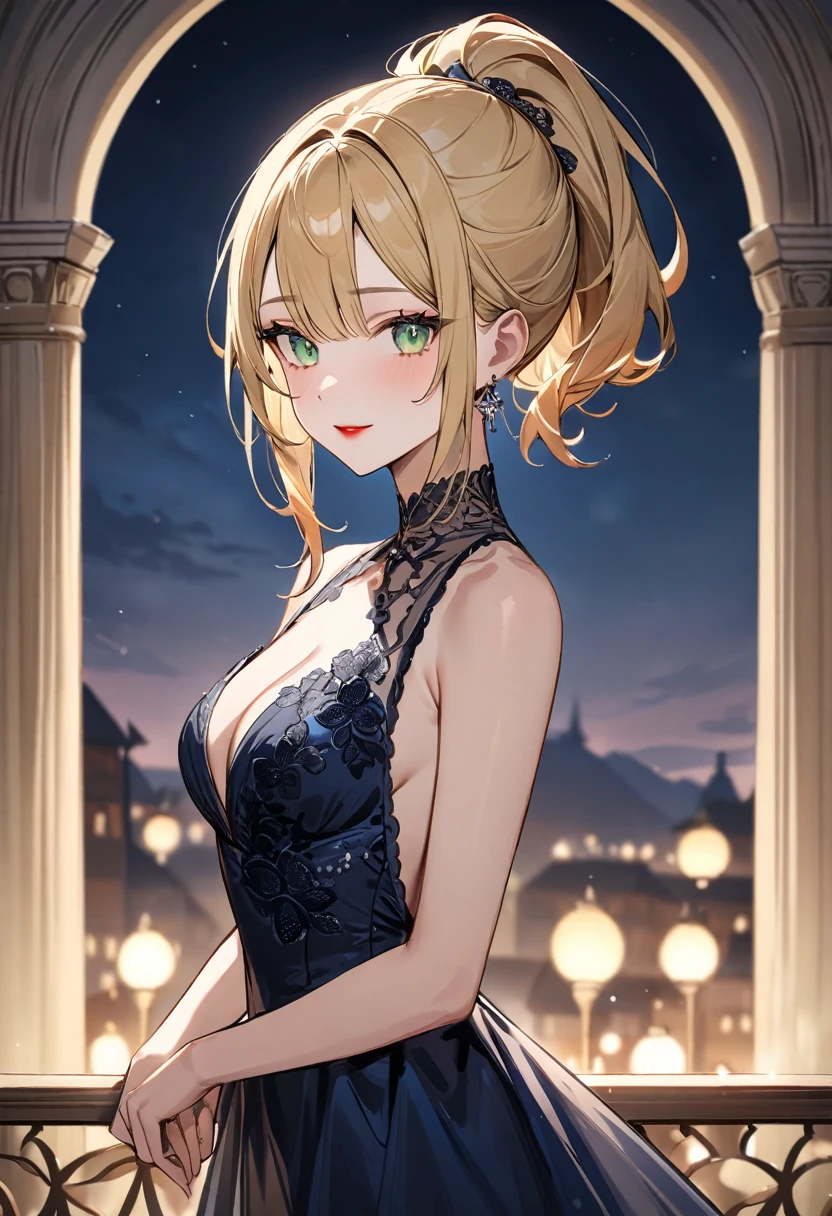 (masterpiece, top quality, very aesthetic, 4k、illustration), sketch、intricate detail, 1woman,solo,contrapposto 、(gradient eyes、tareme)、Strong glowing eyes、asymmetrical bangs,Fair skin,(upper body)、beautiful women、Cleavage、clear face、(red lipstick),beautiful face、(gradient hair)、(blonde hair)、low ponytail、sidelock ,,green eyes、Evening Dresses、medium breasts、slender 、