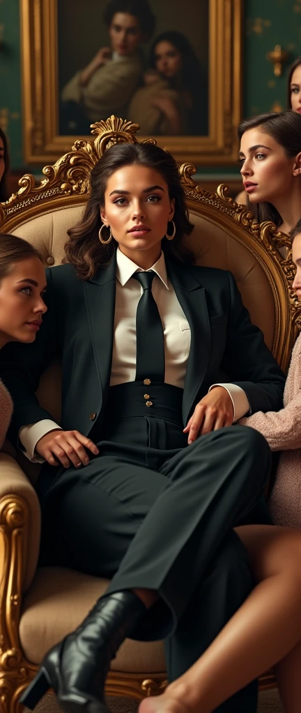 late baroque rococo a stylish assertive swagger queen woman in a suit and tie reclining while laying flat, with multiple girls swooning all over her, (best quality,4k,8k,highres,masterpiece:1.2),ultra-detailed,(realistic,photorealistic,photo-realistic:1.37),HDR,UHD,studio lighting,ultra-fine painting,sharp focus,physically-based rendering,extreme detail description,professional,vivid colors,bokeh,portrait,high fashion,elegant,glamorous,cinematic,dramatic lighting,moody,mysterious,sensual,sophisticated