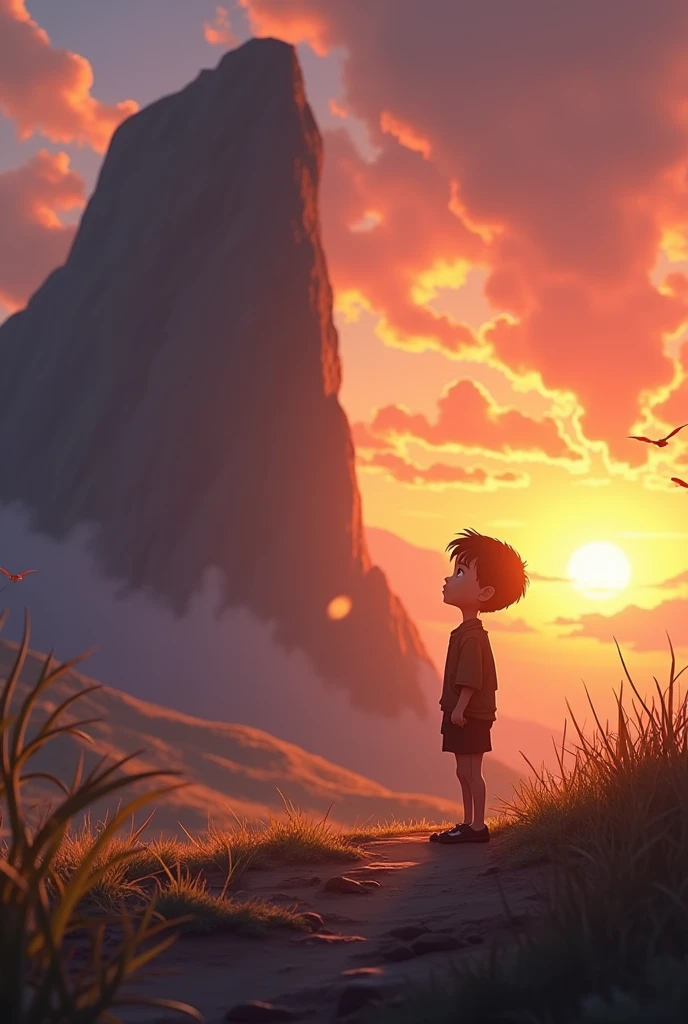 A masterpiece sunset view with cute boy standig in front of big rock and start thinking