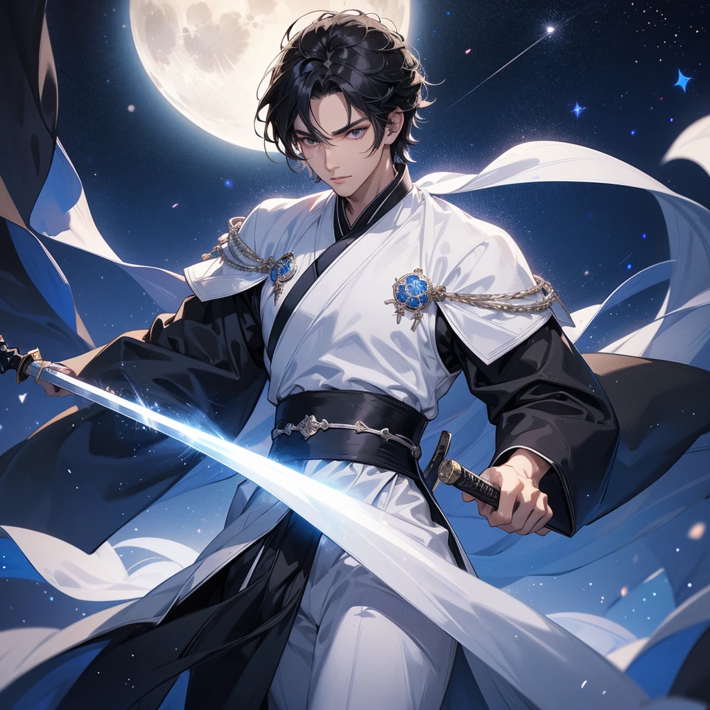 A Handsome black-hair male holding a large sword in white hanfu dress, Background is a dark night, with moonlight and millions of stars, twinkling everywhere, with blue light, close up.