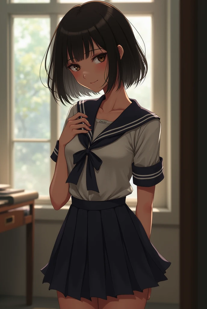 Young Woman Bob Short Small breasts School Erotic uniform