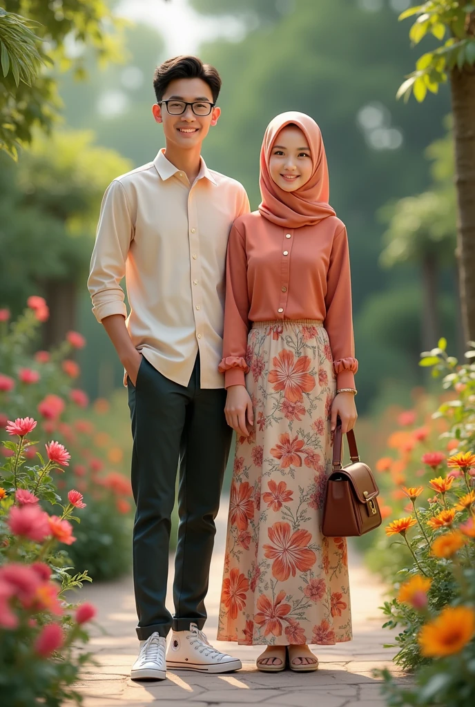 A beautiful Malaysian hijab girl, wearing a spectacle, with a beautiful dress and floral skirt, holding a cute slingbag in her right and wearing a pair of high cut white converse, standing besides her boyfriend.
