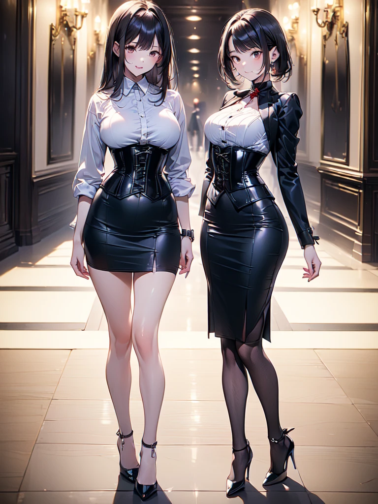 (masterpiece, best quality, highest quality, Masterpiece, 8k:1.5), (kawaii:1.2), (Full Body Shot,Including face,1girl,Focus on the face,Symmetrical facial features), Beautiful woman, (slender), ((High heels)), Detailed depiction of the face, Black Eyes, (Red checked skirt,corset,uniform), (multiple:-1.2),Continued on Wednesday,(Dolphin)