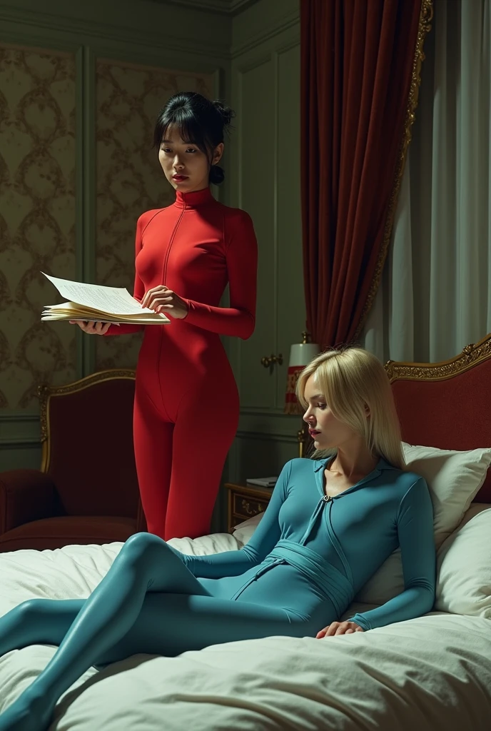 corner.A tense 1960s spy film scene set in a dimly lit, opulent hotel room. The focal point is a Chinese woman clad in a sleek red lycra wetsuit, her dark hair pulled back into a tight bun. She stands poised and stealthy beside an unmade bed, her sharp eyes scanning through a stack of classified documents laid out on the plush white duvet. A single shaft of moonlight pierces the heavy velvet curtains, casting a dramatic glow on her figure and highlighting the wet footprints that trace her path of entry. In the background, a white woman in a form-fitting blue lycra wetsuit sits slumped in a chair, looking utterly defeated. Her blonde hair is disheveled, and smudges of vibrant red lipstick are smeared down her chin. Her wrists are bound behind her back with a silk scarf that matches the room's decor, a stark contrast to the tension in her expression. Her eyes, though filled with fear, flicker with a hint of resilience. The room is a disarray of overturned furniture and spilled champagne, suggesting a recent struggle. The vintage wallpaper peels slightly at the edges, a subtle nod to the secrets unraveling within. A broken lamp lies on the floor, casting eerie shadows that dance on the walls. The red woman's gaze sharpens as she uncovers a critical piece of intel, her gloved hand lingering over the document. The blue woman watches her captor with a mix of dread and hope, silently willing for the tide of fate to turn. The stark color contrast between the two wetsuits and the muted room tones create a visual narrative of intrigue and imminent danger, transporting the viewer into the heart of a clandestine operation where alliances are fluid and survival is the ultimate prize.
