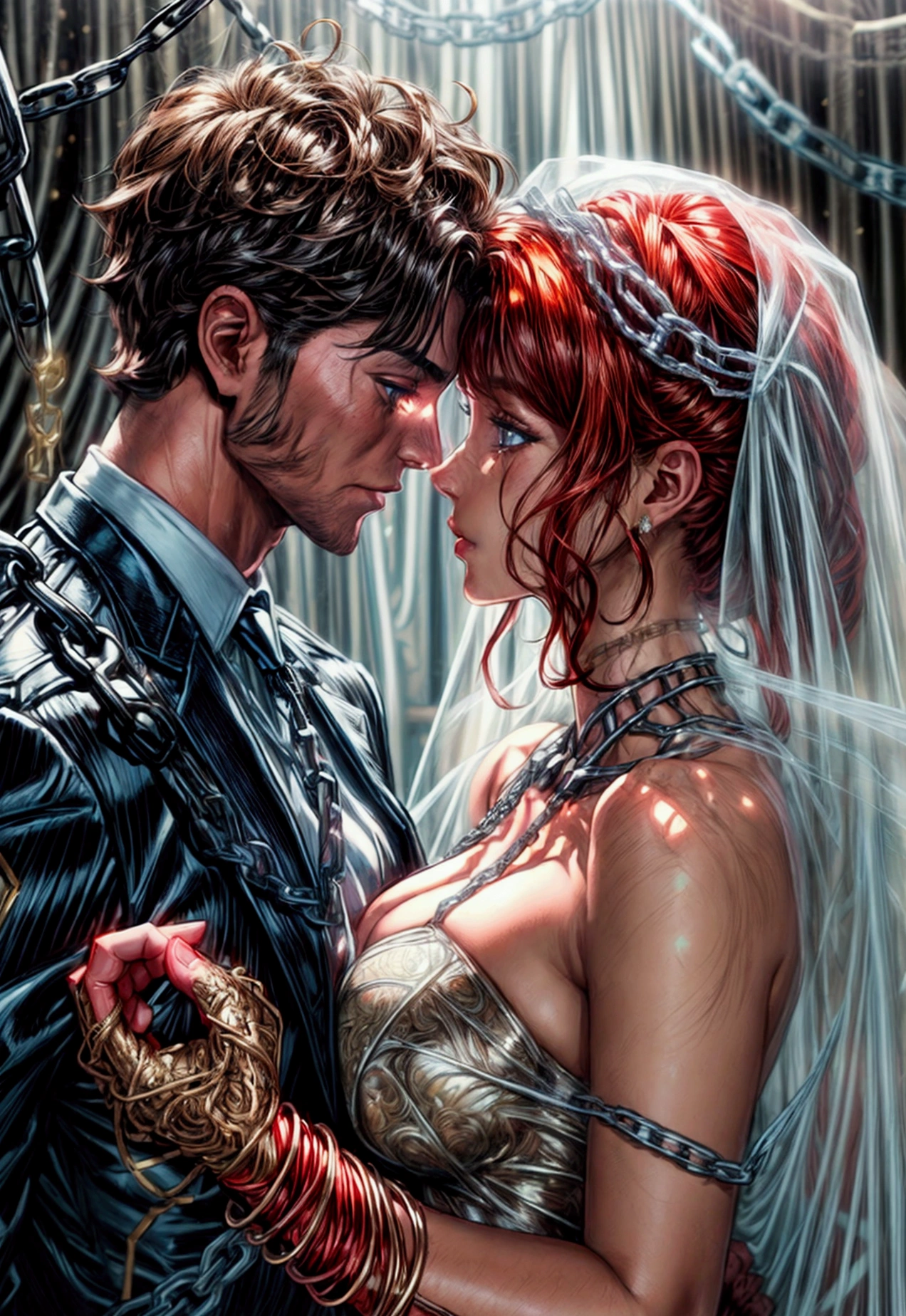 oil painting comic art, Julie Bell art of a groom held by ((radiant chains: 1.2)), in his wedding day and his bride, a handsome groom, wearing suit and tie, BREAK AND a beautiful, sexy bride, busty bride, wearing white lace wedding dress, the chain holds the groom, with chains, the chain forms the shape of red glowing heart, cinematic light, High Detail, Ultra High Quality, High Resolution, 16K Resolution, Ultra HD Pictures, Ultra Realistic, Clear Details, Realistic Detail, Ultra High Definition, rpg portrait, chain leash, Comistyle