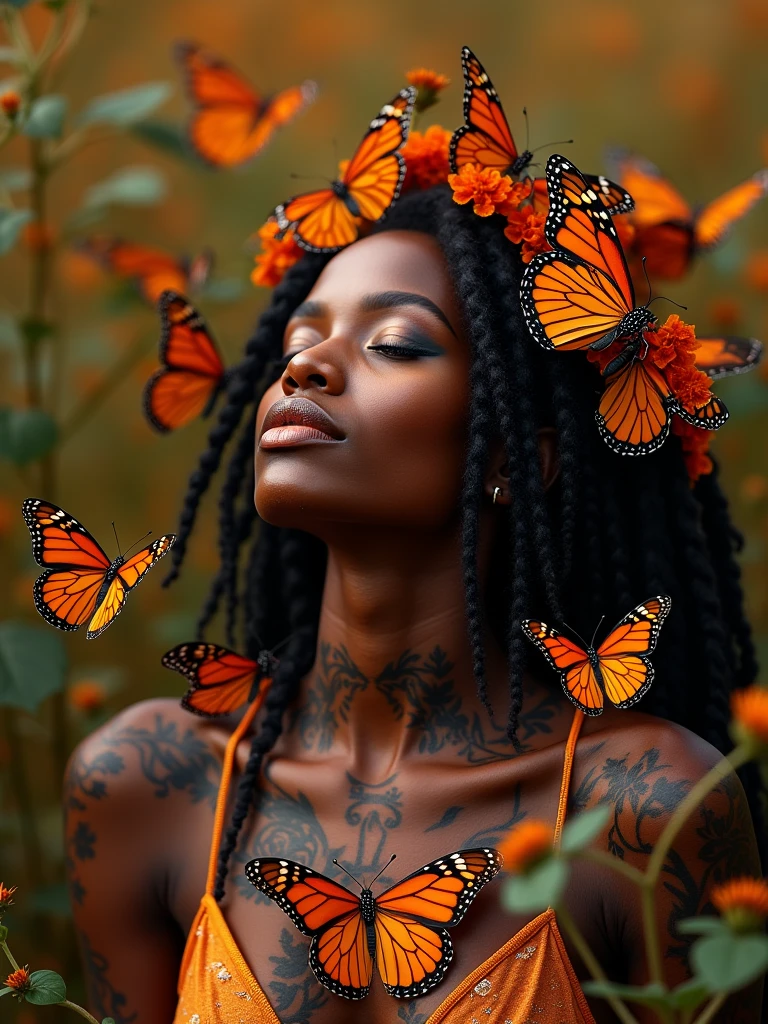 A captivating and mesmerizing image of a stunning Ebony woman adorned with intricate tattoos and surrounded by vibrant Monarch butterflies. Her long, ginger-colored dreads, adorned with delicate flowers, frame her face as she rests gracefully. The scene embodies natural beauty and serenity, showcasing a harmonious fusion of cultures and aesthetics. Her ebony skin provides a perfect canvas for the elaborate tattoos inspired by traditional African art forms, while the butterflies create a mesmerizing spectacle of movement and color. The warm, golden light casts a soft glow, highlighting the beauty of her tattoos and the intricate details of the butterflies. This enchanting image is a celebration of diverse beauty, blending elements of nature, culture, and artistry into a breathtaking masterpiece that captivates the imagination.