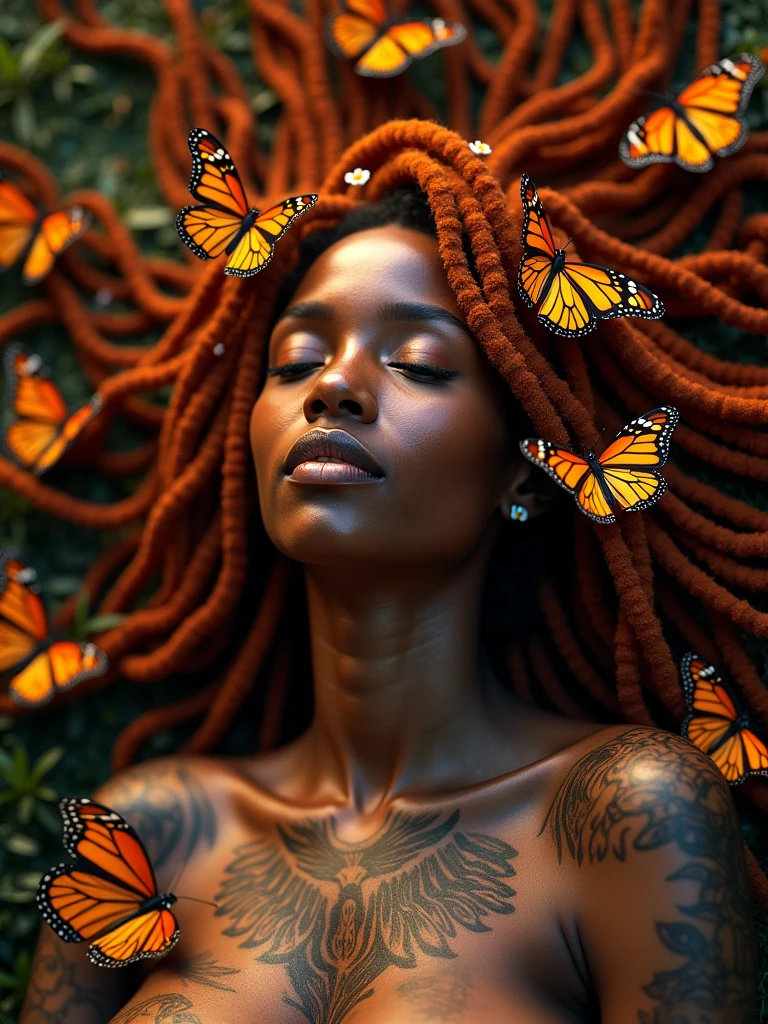 A captivating and mesmerizing image of a stunning Ebony woman adorned with intricate tattoos and surrounded by vibrant Monarch butterflies. Her long, ginger-colored dreads, adorned with delicate flowers, frame her face as she rests gracefully. The scene embodies natural beauty and serenity, showcasing a harmonious fusion of cultures and aesthetics. Her ebony skin provides a perfect canvas for the elaborate tattoos inspired by traditional African art forms, while the butterflies create a mesmerizing spectacle of movement and color. The warm, golden light casts a soft glow, highlighting the beauty of her tattoos and the intricate details of the butterflies. This enchanting image is a celebration of diverse beauty, blending elements of nature, culture, and artistry into a breathtaking masterpiece that captivates the imagination.