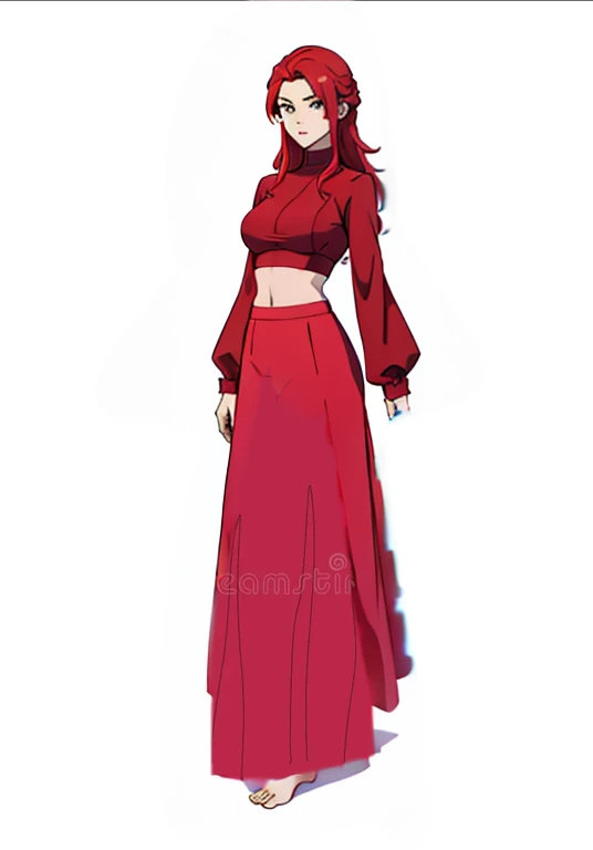 barefoot woman with red hair, a long skirt and a long-sleeved crop top