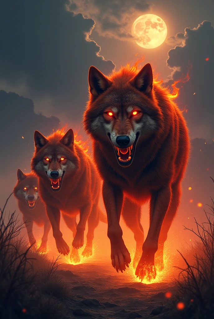 Red evil fire wolves with guns and machine guns in a pack run at night 