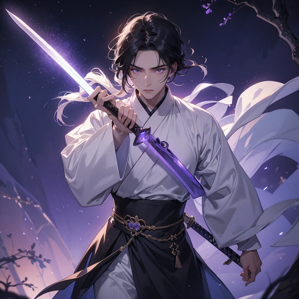 A Handsome black-hair male holding a large sword in white hanfu dress, Background is a dark moonless night, with dry trees in the background, and purple glowing light, close up.