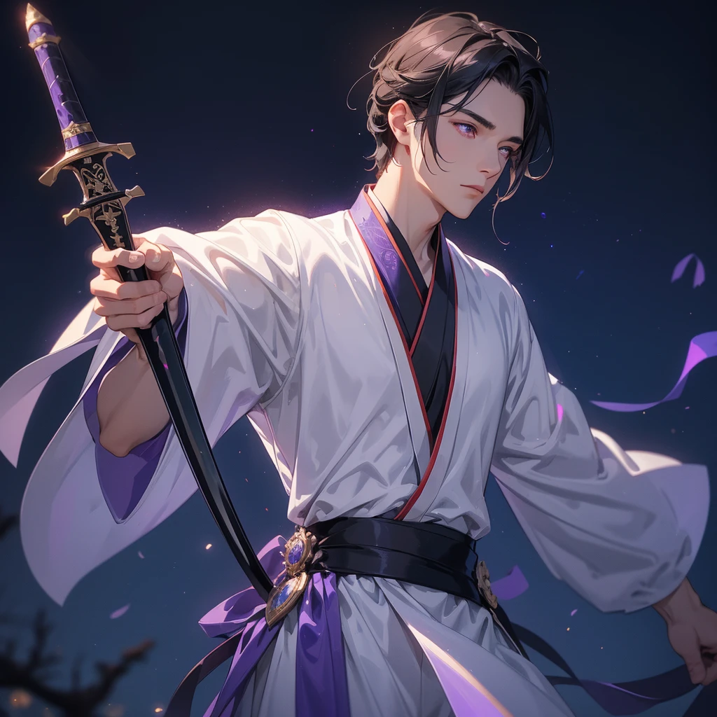 A Handsome black-hair male holding a large sword in white hanfu dress, Background is a dark moonless night, with dry trees in the background, and purple glowing light, close up.