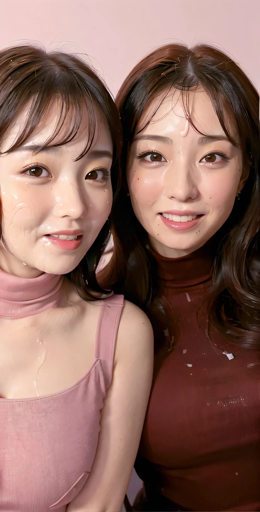 (Tabletop、Highest quality、8k、Award-winning works、Ultra-high resolution)、(Group photo of two women 1.4)、(The perfect red turtleneck:1.1)、(Smeared red turtleneck sweater:1.1)、Both((Very huge  bigger than a face:1.65))、Accentuate your body lines、very long wavy hair、Bright and shiny lipstick、(The biggest smile looks at me:1.1)、(Please smile widely and show your beautiful teeth.:1.1)、(Two women standing side by side:1.4)、Glowing Skin、(Face close-up:1.5)、(Light Pink Background:1.1)、Accurate anatomy、Ultra HD Hair、Ultra-high definition beauty face、Shining, Ultra-high resolution beautiful skin、Ultra-high resolutionの艶やかな唇、(Face covered in lots of:1.75)、(Two women facing the front:1.3)、(The body faces straight ahead:1.1)