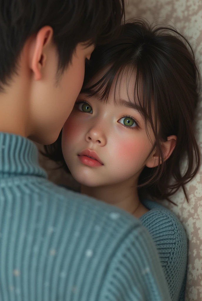 1girl, 1boy, masterpiece, highres, short brown hair, green eyes, blue sweater, detailed face, realistic, photorealistic, cinematic lighting, hyper detailed, intricate details, elegant, graceful, tender moment, romantic, intimate, soft colors, warm lighting