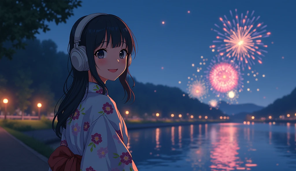 Perfect image, night、Calm atmosphere、Riverbank、Fireworks in the back、Female college student、yukata、Use headphones、looks fun、Looking this way and smiling、2D-style animation, Lo-Fi、Retro、Anime style illustrations、Line art with clear outlines