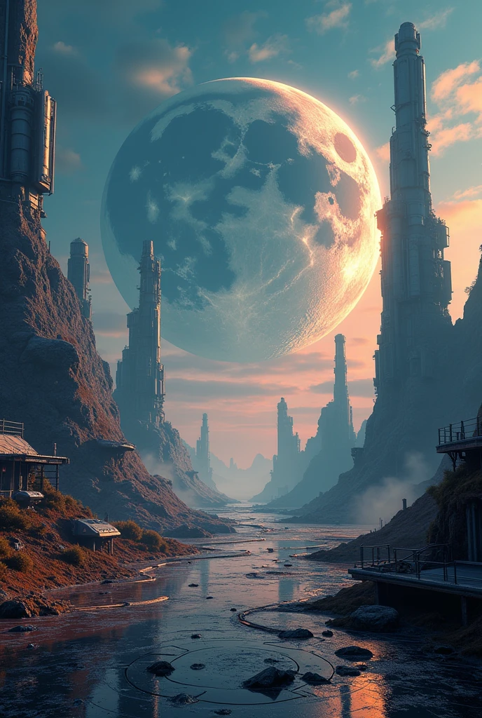 Realistic backdrop, navy blue orange, cyber adventure, vast space, landscape, interdimensional sky, metal floor, technology land, space war., The sky has three very big moons., There are no people.