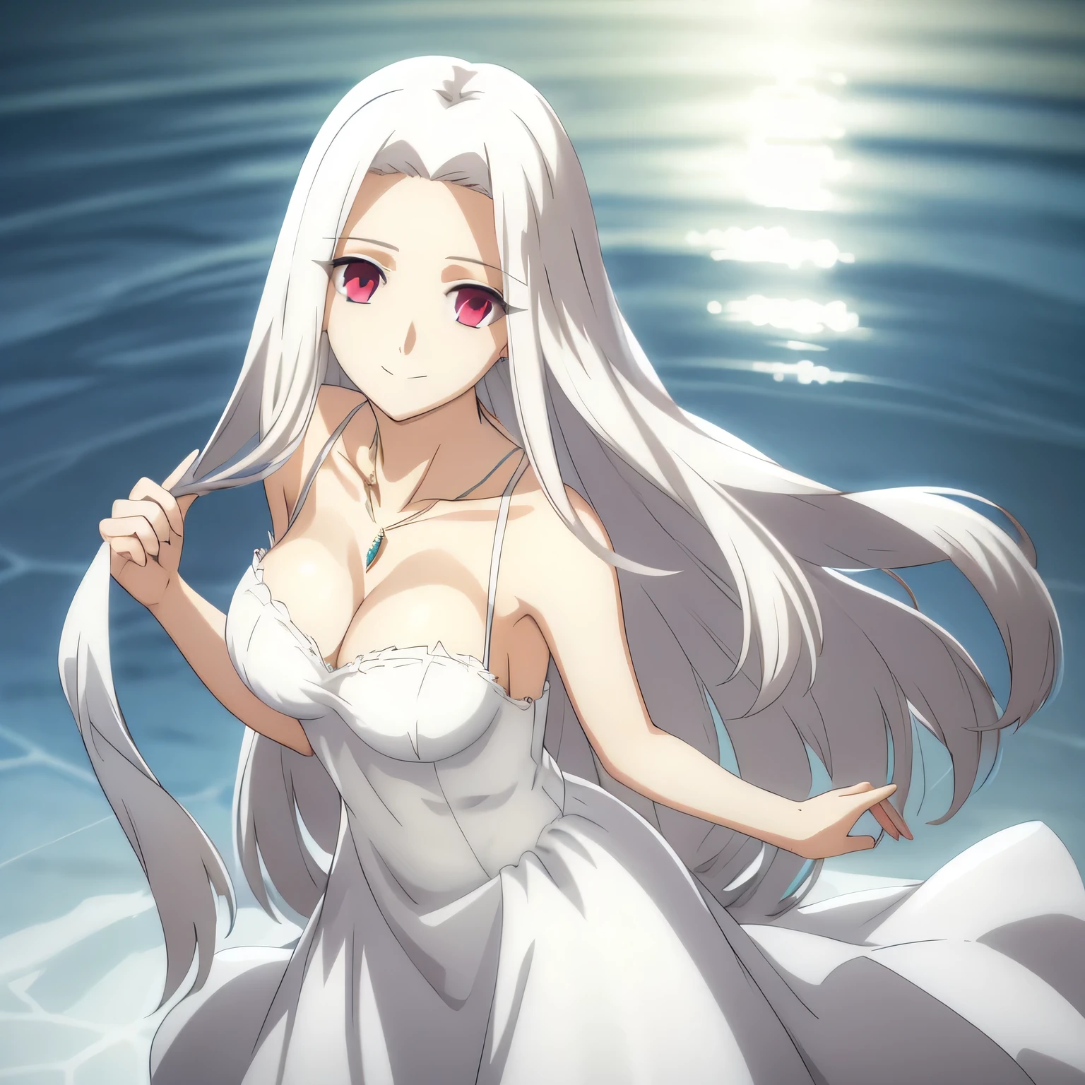 Irisviel,cold sheer dress sleeveless,solo,looking at viewer,beautiful smile,arm at side,middle size of breast,beautiful necklace,angle from above