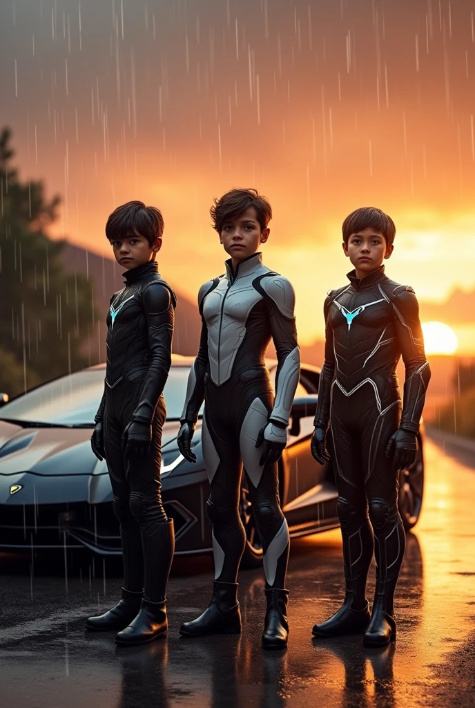 boy black custome age 11 , boy age 15 white custome and boys age  13 black custome standing on road Aventador svj car sunset and rain fall imand ultra realistic 