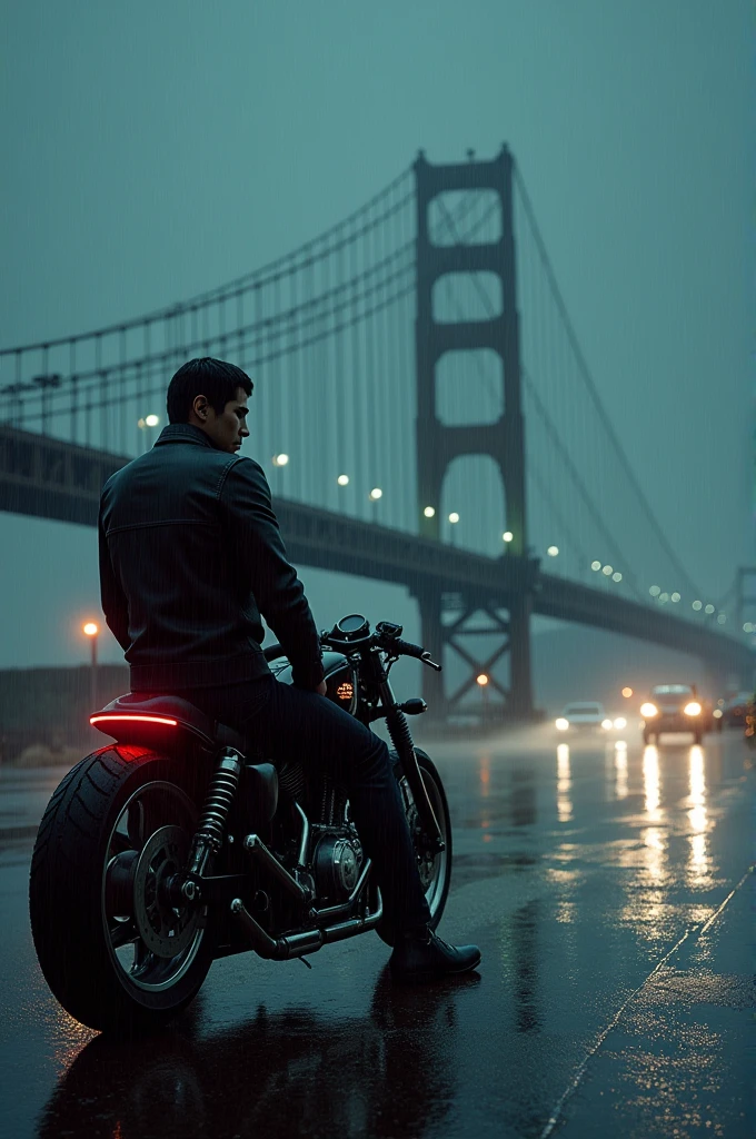 Tokyo revengers character izana sitting on a bobber bike at rainy night near a big bridge made on big lake. And cars on bridge