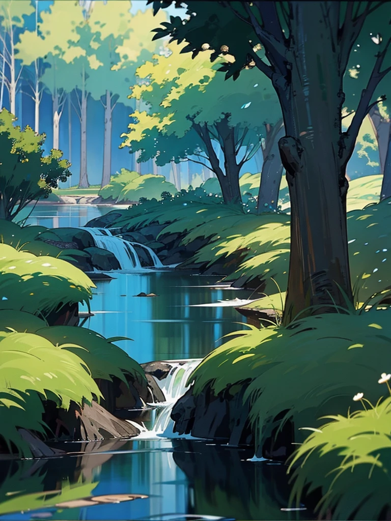 painting of a stream running through a lush green forest filled with trees, detailed painting 4 k, mountains river trees, anime landscape wallpaper, beautiful art uhd 4 k, anime countryside landscape, detailed scenery —width 672, beautiful digital painting, 4k highly detailed digital art, beautiful anime scenery, 8k high quality detailed art, anime nature wallpap, anime nature