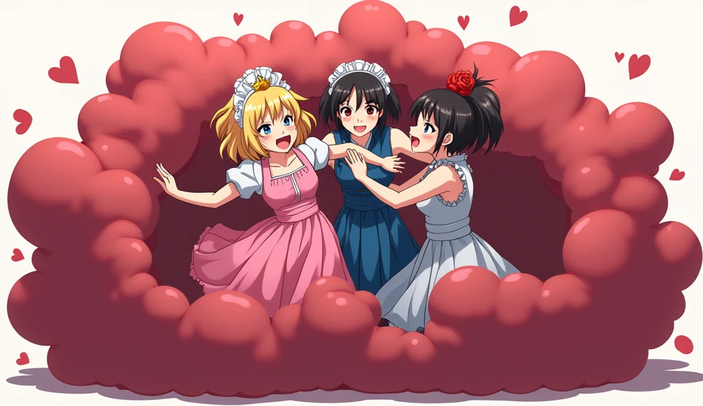 An anime-style illustration depicting maids and girls and princess and lady playfully wrestling with each other inside a wine-red comical fight cloud (dust cloud).
each girl and maid has different  colored hair: one princess with blonde braided and blue-eyes and pink-dress, and one lady with black long hiar and red-eyes and blue-sleeveless-kimono.
their faces,hands,and feet are visible emerging from the cloud as they tussle humorously,  with the rest of their bodies completely hidden inside the cloud.
the illustration emphasizes the humorous and energetic nature of their scuffle,with a fluffy  and exaggerated fight cloud.