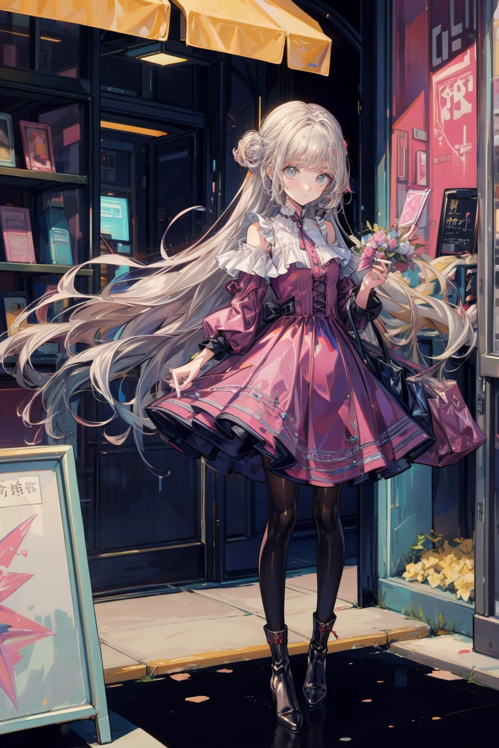 steal、Raiding the store、Anime Style、Storytelling、、beautiful girl、とてもcute天使、Pink Gothic Dress、cute、、smile、Long skirt、Black long boots、
