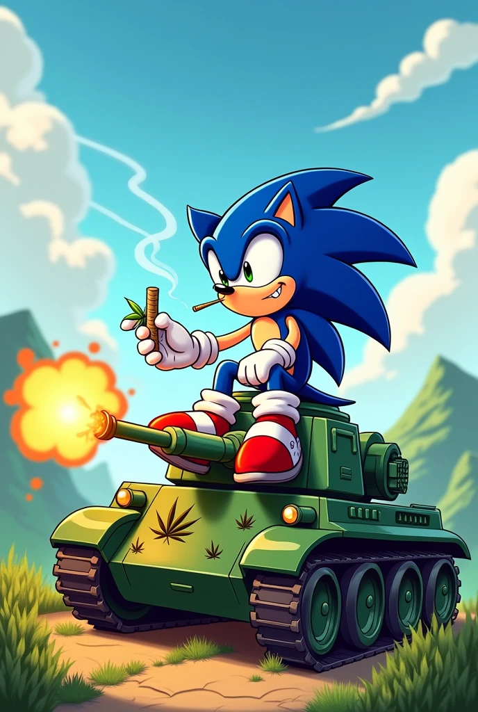sonic entrain de fumer un joint sur un tank
qui tire du canabis par le canon en cartoon