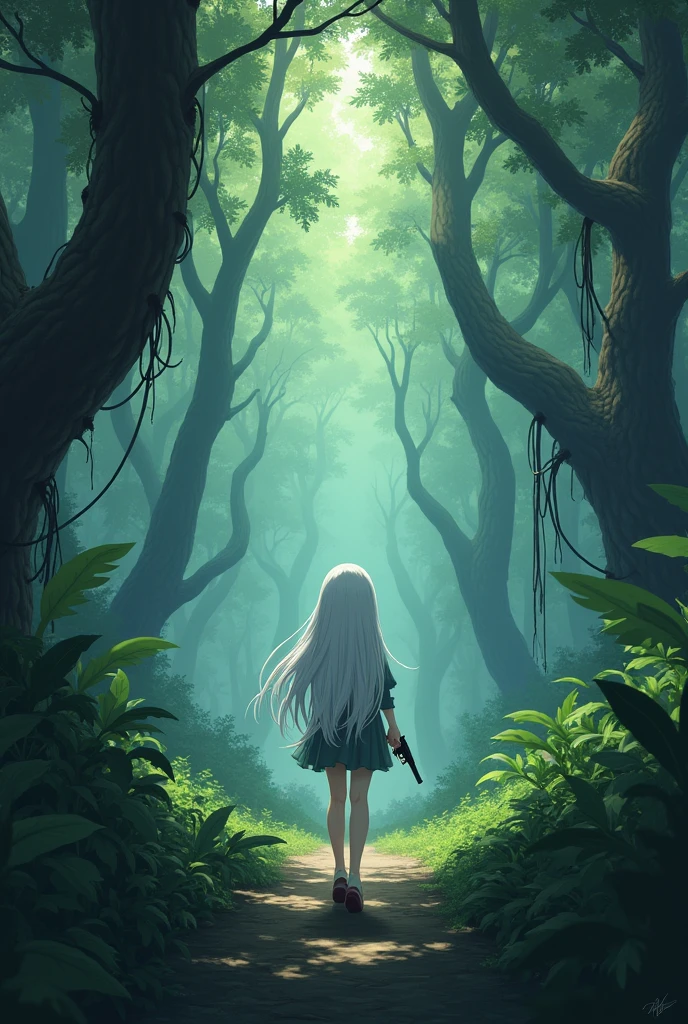 kawaii anime, a naked lonely girl with white hair walking in a dark jungle from the back, a pistol in her hand