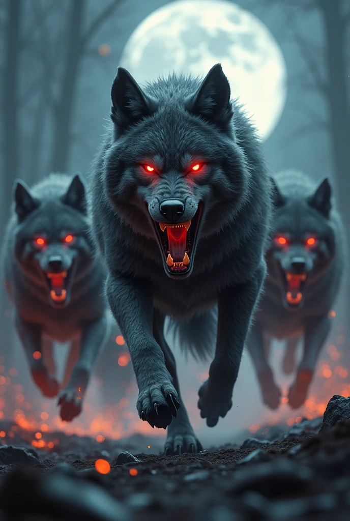 Red angry fire wolves with machine guns in a pack run at night