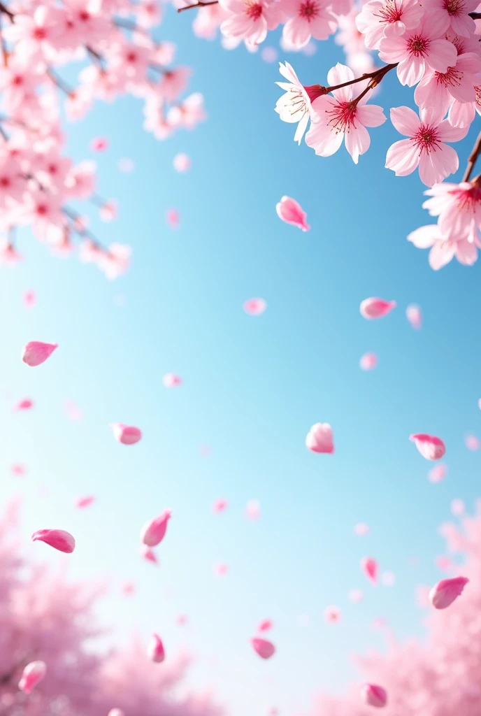 Petals of cherry blossoms in full bloom fall into the blue sky