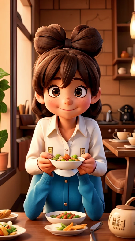 A 40 years A girl was sitting at a table and eating food
