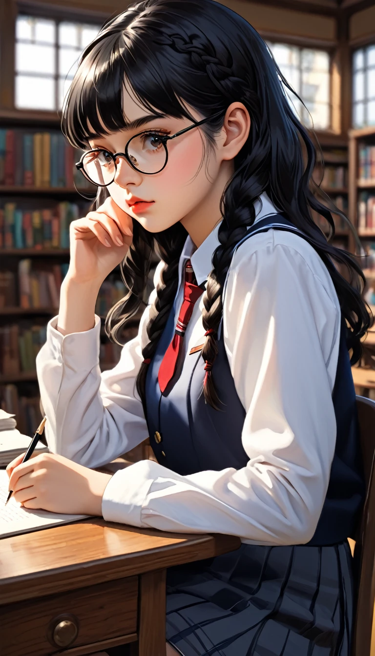 One Girl(High resolution, masterpiece, accurate, Anatomically correct), ((Glasses、Slightly red cheeks、He is writing at his desk with a serious expression.、))(((Library、Barely、Sitting in a chair)))、(Landscape、Black Hair、、Straight bangs、Braid)、((school uniform))、Highest quality, Ultra high definition, High-resolution model、From the knee up、Close-up of profile