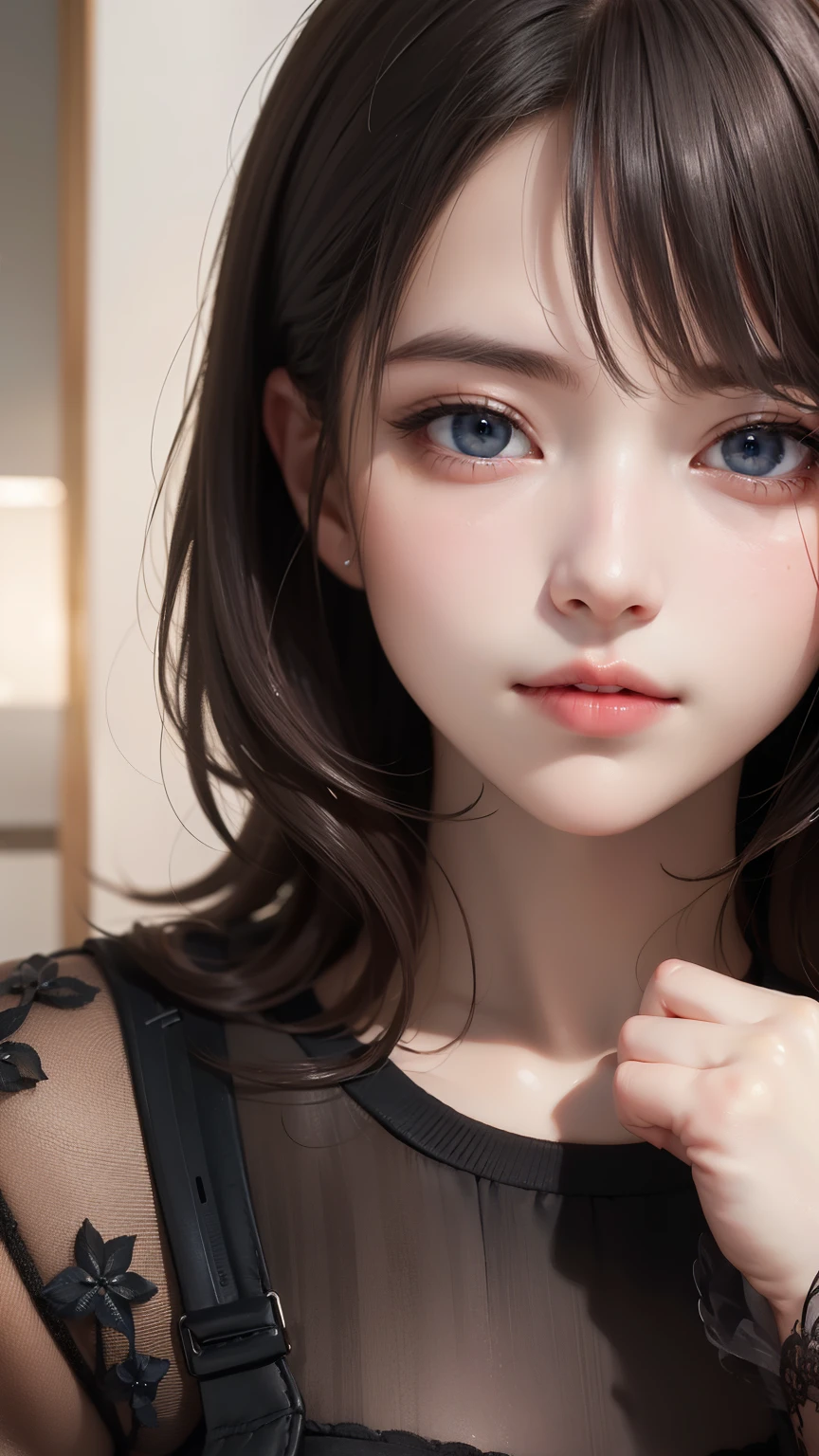 (masterpiece、Realtic、masterpiece,Very detailed,Highest quality,8k,CG,shape,shaving:1.0),(one person&#39;s:1) 、Dark Room、Bedroom、sexy gestures and faces、sexy, jyojifuku,nurse、Big Breasts, Cleavage、latexのnurse uniform、Lying in bed