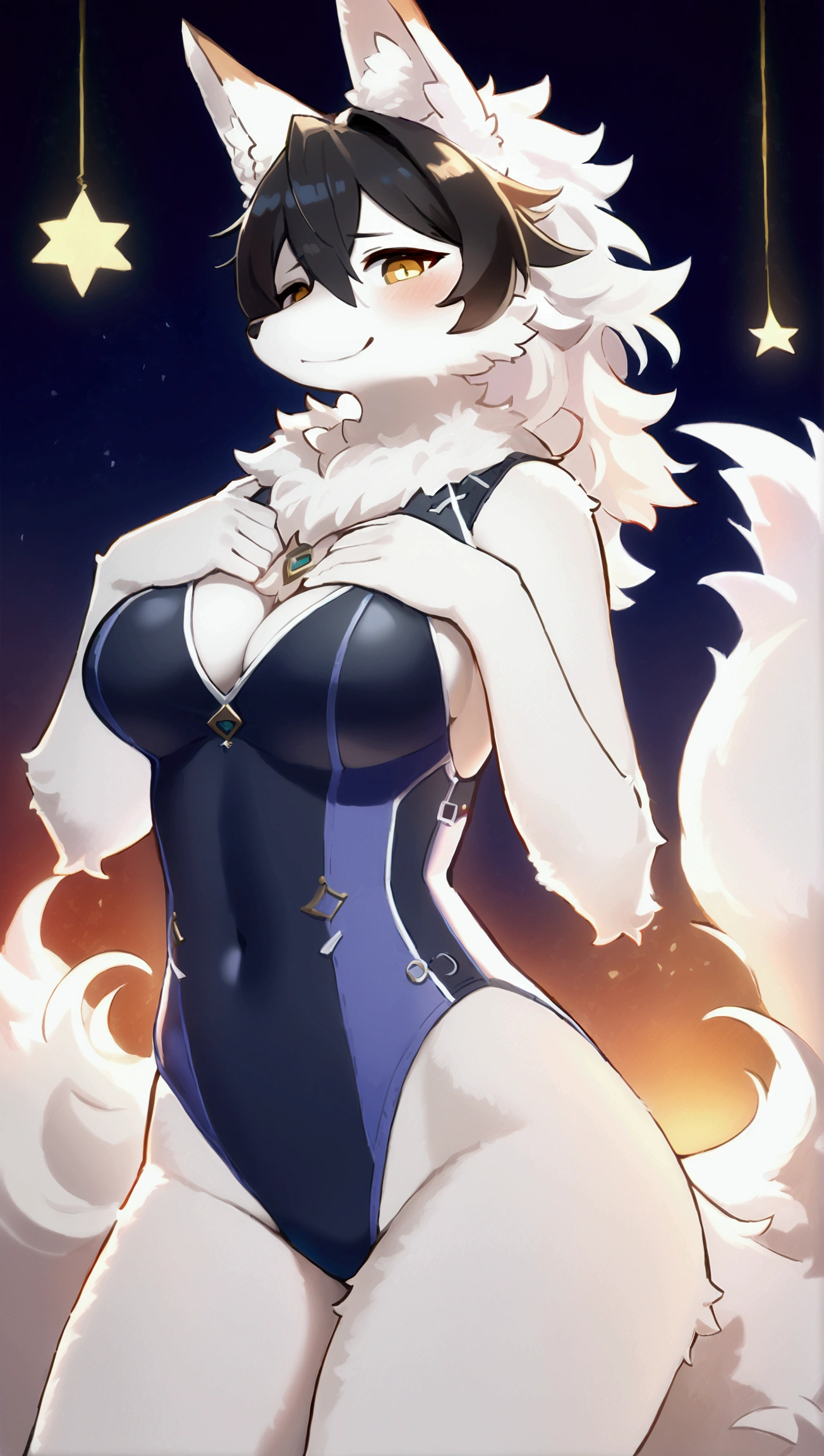 (top quality, best quality, High-quality illustrations, masterpiece, 16k, 1080p, uploaded on e621)(kemono, furry, anthro, alone), round, 1 female, hot mother figure, very detailed body face and eyes, white fox, Tiare, (Alchemy Stars), white fur, fluff, average breasts, tail, perfect eyes, yellow eyes, black hair, beautiful winter one-piece swimsuit, winter jewelry, beautiful night, body movement, body twitching, shy smile, red blushing,