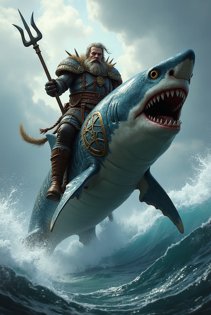 An armored shark ridden by a Nordic warrior fishman
