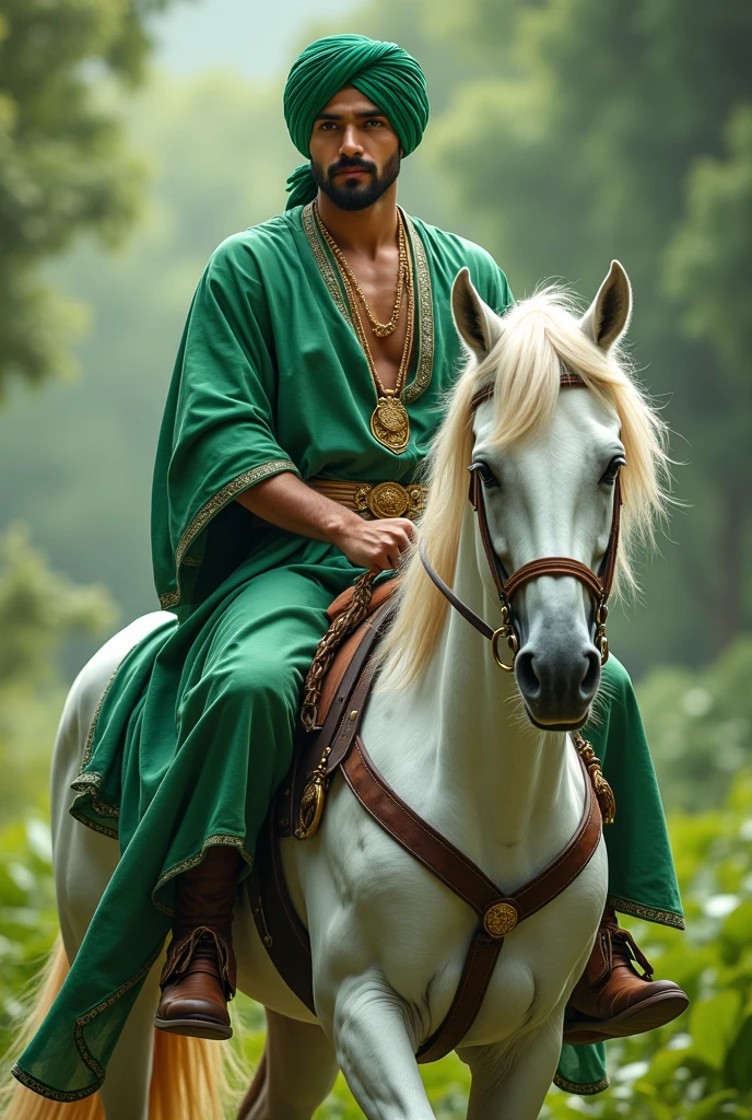 A very handsome young man is riding a white horse green  turban  on head in a beautiful green color dress with green  shirt 