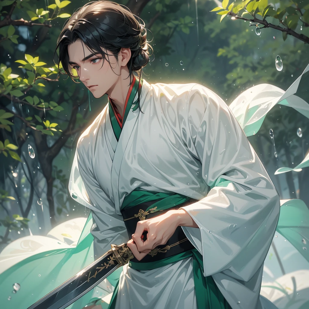 A Handsome black-hair male holding a large sword in white hanfu dress, Background is trees, vegetables, lush green, with water drops after rain, with water droplets everywhere, green, close up.