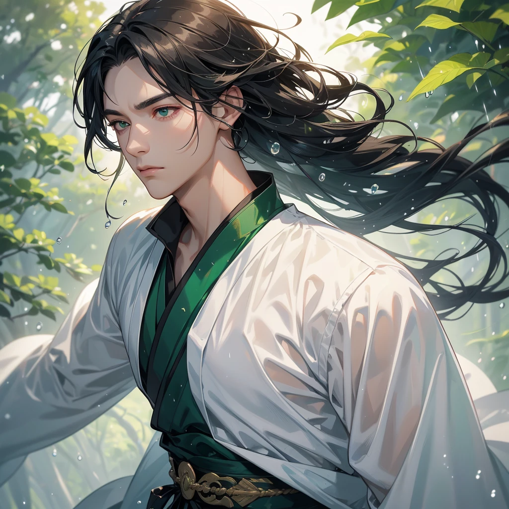 A Handsome black-hair male holding a large sword in white hanfu dress, Background is trees, vegetables, lush green, with water drops after rain, with water droplets everywhere, green, close up.