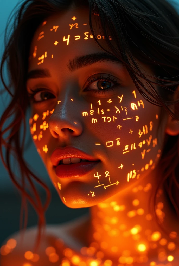 Latina woman face close-up，About 20 years old, Glowing orange holographic equations projected onto her skin. Strong gaze, Realistic features. Dark background, Cyberpunk aesthetics. Glowing math formulas, Handwriting style. Futuristic, High-tech atmosphere. Photorealistic rendering, Dramatic Lighting, In sharp contrast，Young and energetic, Charming model, (Exquisite eyes, Delicate lips), Show a bright smile, Create stunning girl images, Color Saturation Extreme Art, Extremely detailed CG, Unity 8K wallpaper, (High Dynamic Range :1.4), (Movie atmosphere),(Soft colors), (Natural skin texture, ultra-practical, Soft Light, sharp),(Very detailed),
