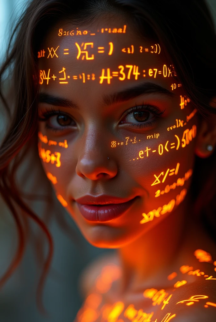 Latina woman face close-up,About 20 years old, Glowing orange holographic equations projected onto her skin. Strong gaze, Realistic features. Dark background, Cyberpunk aesthetics. Glowing math formulas, Handwriting style. Futuristic, High-tech atmosphere. Photorealistic rendering, Dramatic Lighting, In sharp contrast,Young and energetic, Charming model, (Exquisite eyes, Delicate lips), Show a bright smile, Create stunning girl images, Color Saturation Extreme Art, Extremely detailed CG, Unity 8K wallpaper, (High Dynamic Range :1.4), (Movie atmosphere),(Soft colors), (Natural skin texture, ultra-practical, Soft Light, sharp),(Very detailed),