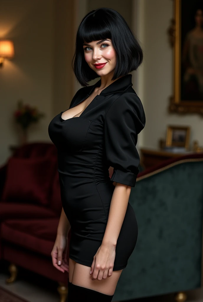 (Isabel Merced, Bob_cut_ balck hair, blue eyes, dressed as a sexy maid in black, Standing overknee shoes, smiling, huge breasts:1.8, Not suitable for work), true life, ultra realist, photoshotrealism, photoshotgraphy, 8K UHD, photoshot, HDR, Complex and elegant, muito detalhado, keen focus, breath-taking, Nice, beautiful), (masterpiece: 1.2, Best Quality 1:1, Ultra-Detail: 1.2, Best Shadows, 8k: 1.1), (beautiful detailed face), high contrast, (perfect lightning: 1.2), (cinematic light)), colorful, Hyperdetailed, dramatic light, Intricate detailing, photoshot von Arny Freytag