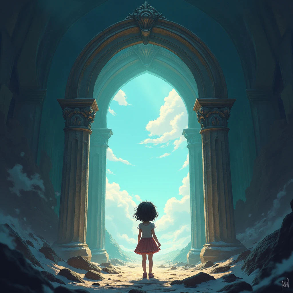 arch to another world, there is a girl standing in the arch, outside the arch of destruction, there is order inside the arch