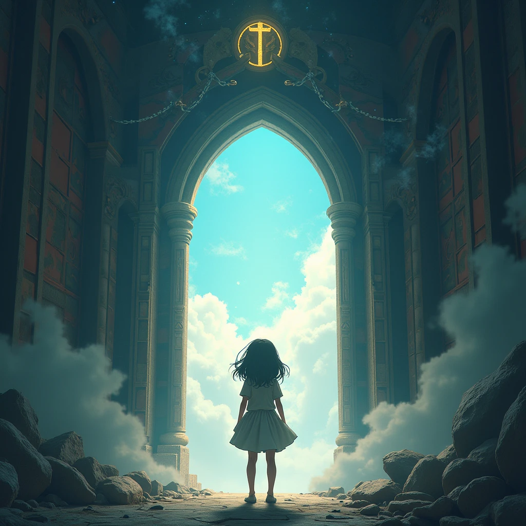arch to another world, there is a girl standing in the arch, outside the arch of destruction, there is order inside the arch