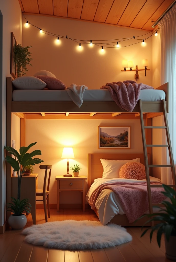 Cozy bedroom with a loft bed and cozy decor and ambient lighting and ambience and with a table under the empty space under the loft bed
Don't put bed under loft bed