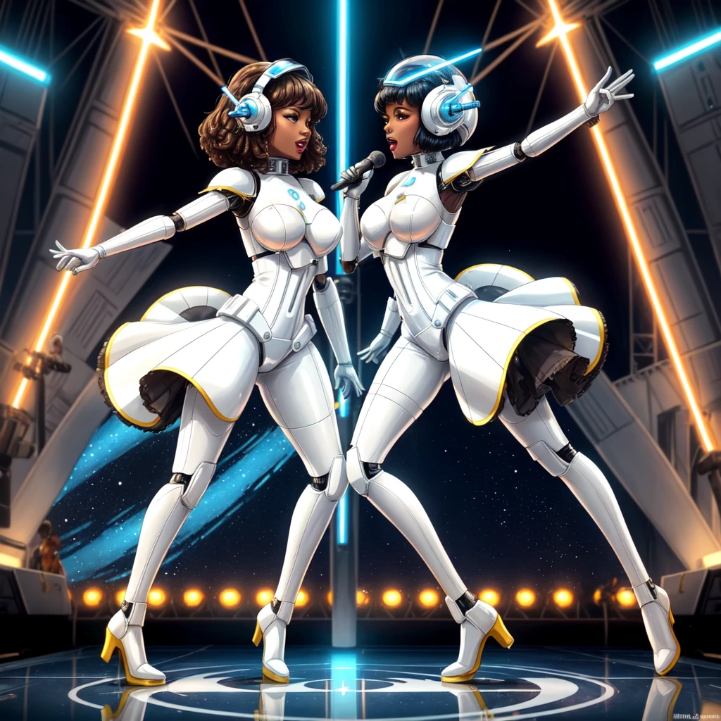 Two women. Singing and dancing on a stage. Theme is afrofuturism. Their outfits are inspired by 1960s retro. The women are dressed as cyber robot androids. Sexy high tech futuristic outfits, outfits are in sections. white. Outfits include helmets and boots. Barbarella, Star wars stormtrooper, 