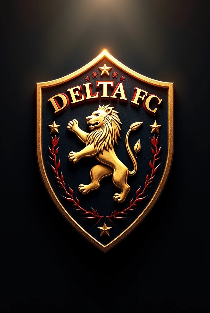 FOOTBALL SHIELD OF A TEAM CALLED DELTA FC, whose main mascot is a lion and its colors are black, Gold with fine red details Let the name be on the shield be round